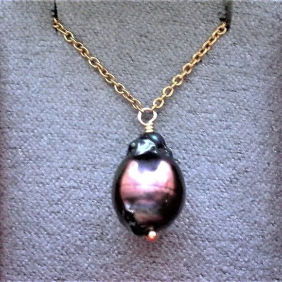 Samira 13 18K Gold Tahitian Black Baroque Pearl Pendant Necklace Chain $1310 - Picture 6 of 9